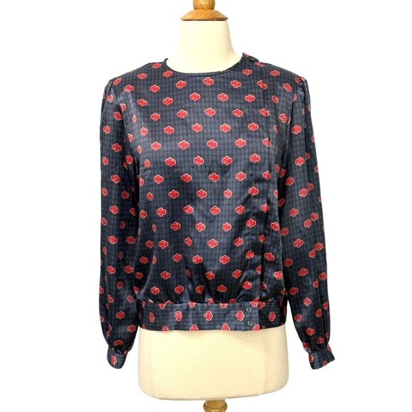 Christian Dior Vintage Satin Blouse Blue Red Print Long Slv Banded Waist Size 8 - Picture 1 of 11